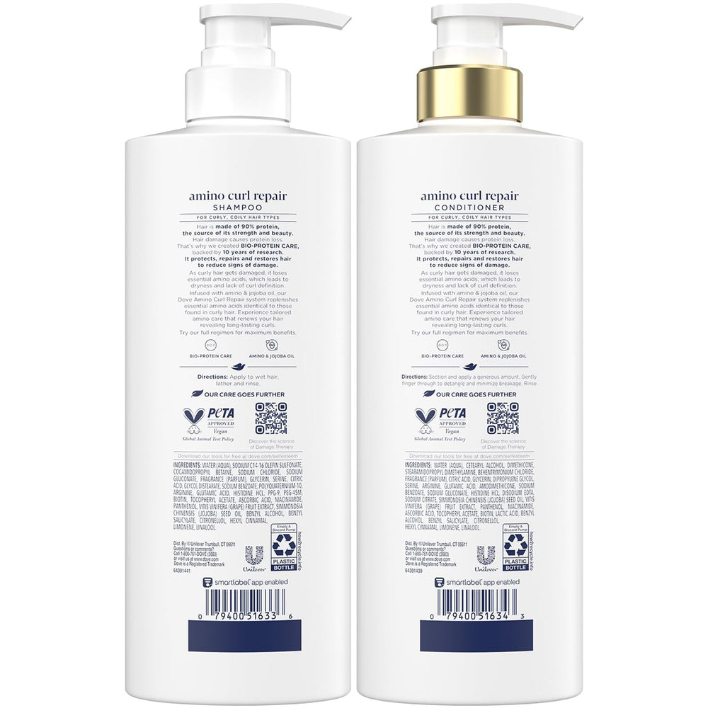 Dove label and pump detail highlighting amino acid and bio-protein care