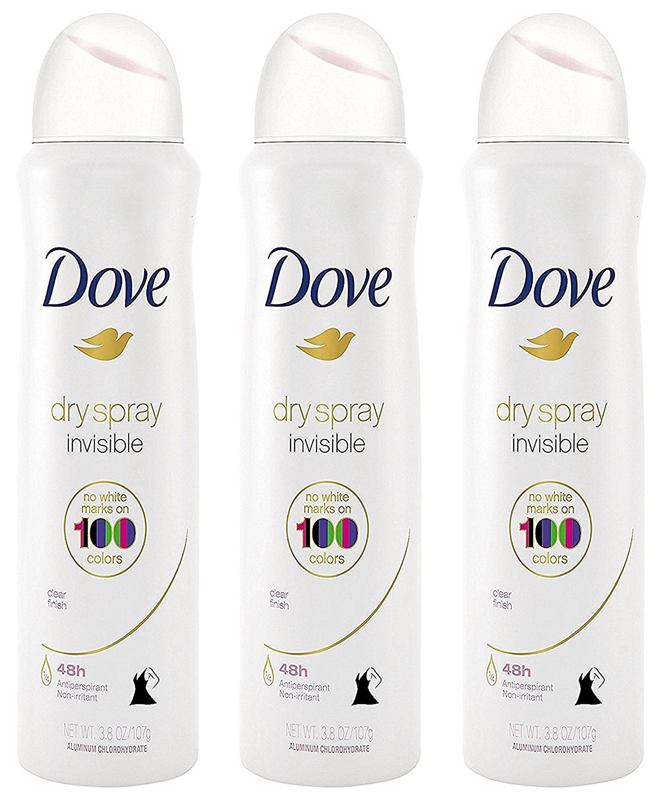 Dove antiperspirant dry spray front packaging showing clear finish benefit