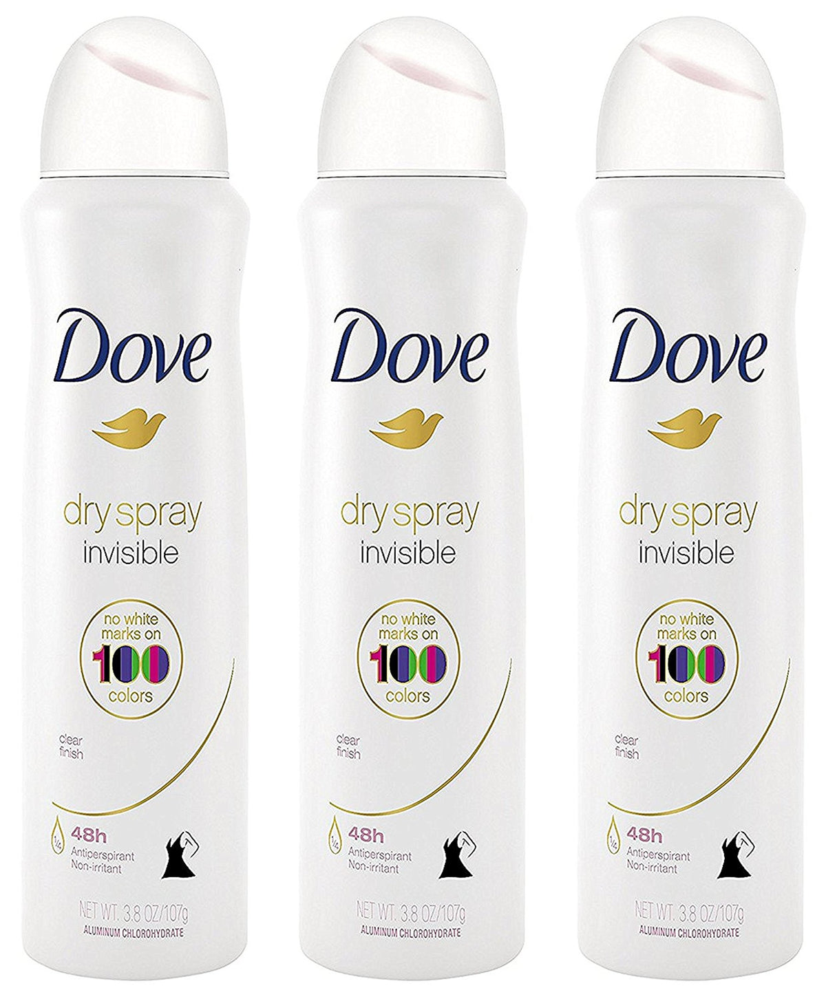 Dove antiperspirant dry spray front packaging showing clear finish benefit