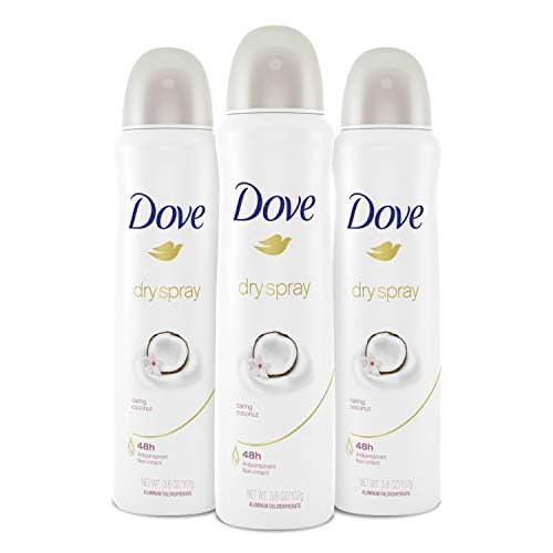 Dove Caring Coconut front packaging showing three cans and moisturizing benefits