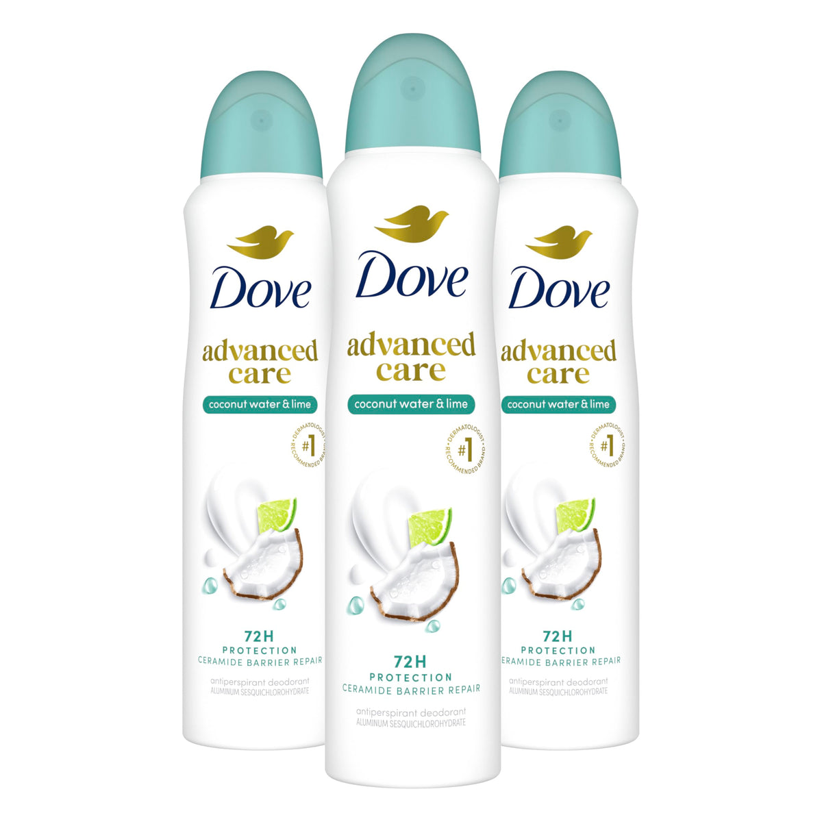Dove front packaging showing coconut and lime scent and protective benefits