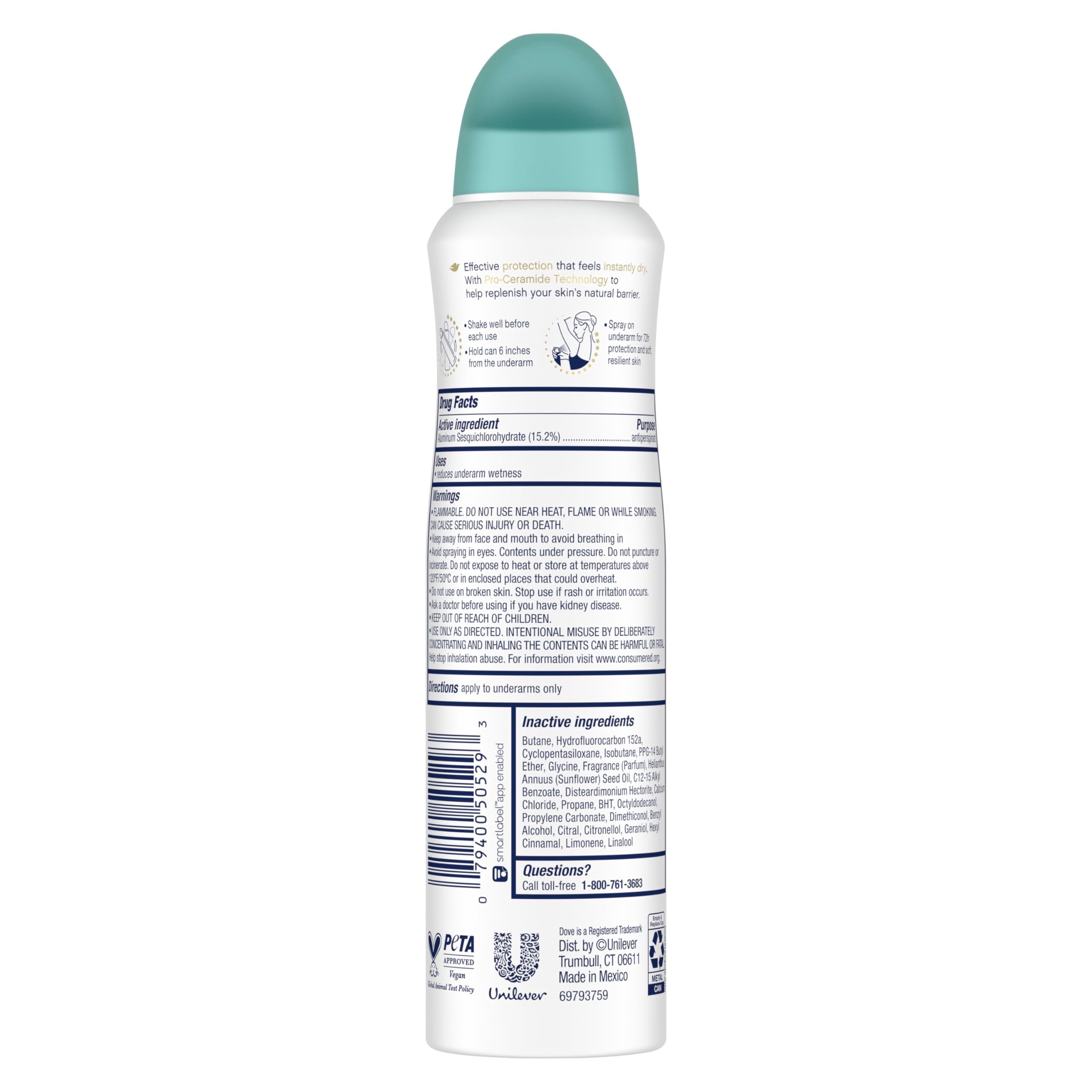 Dove label detail highlighting Pro‑Ceramide Technology and 72‑hour protection