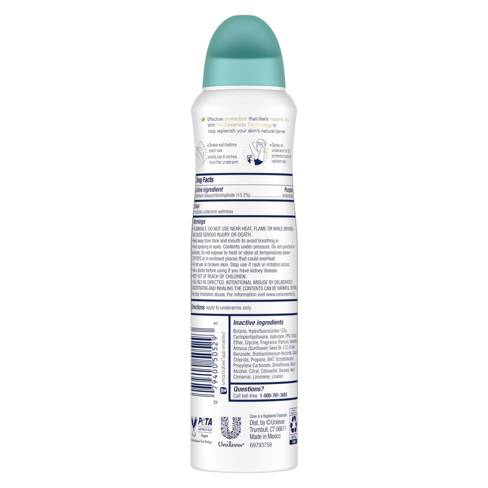 Dove label detail highlighting Pro‑Ceramide Technology and 72‑hour protection