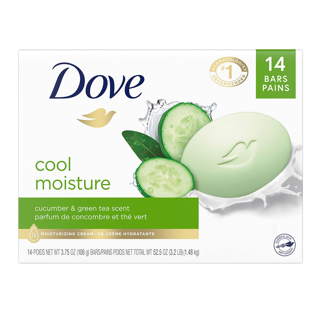 Dove beauty bar front packaging showing cucumber green tea scent and benefits