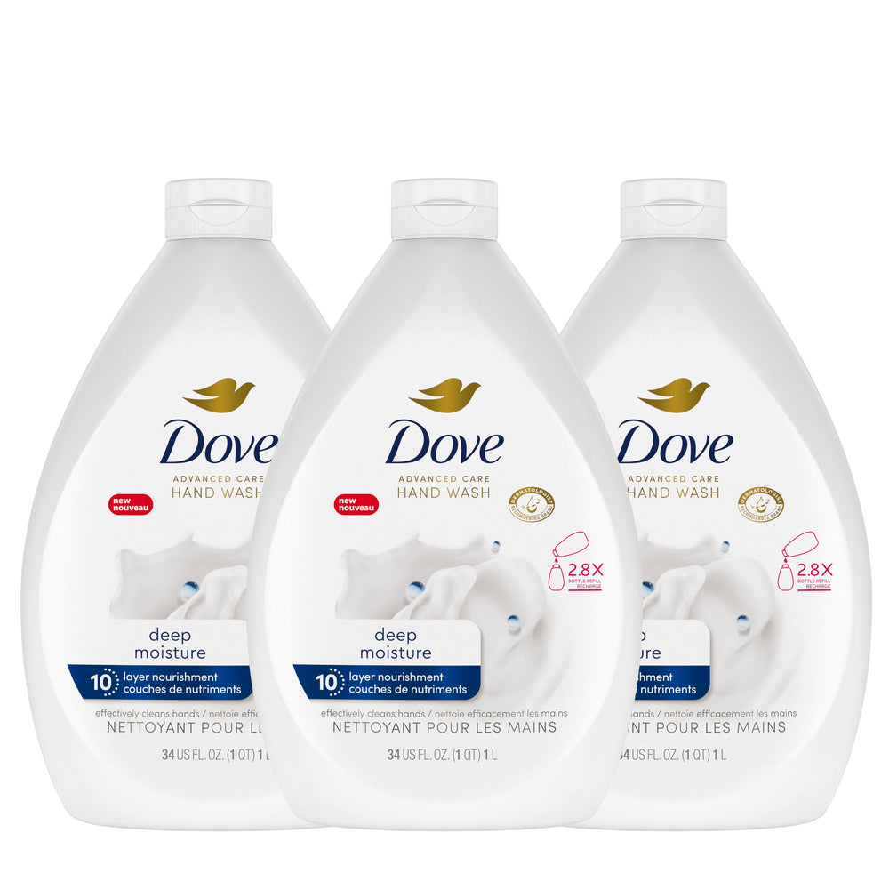 Dove Deep Moisture front packaging showing three refill bottles for convenience