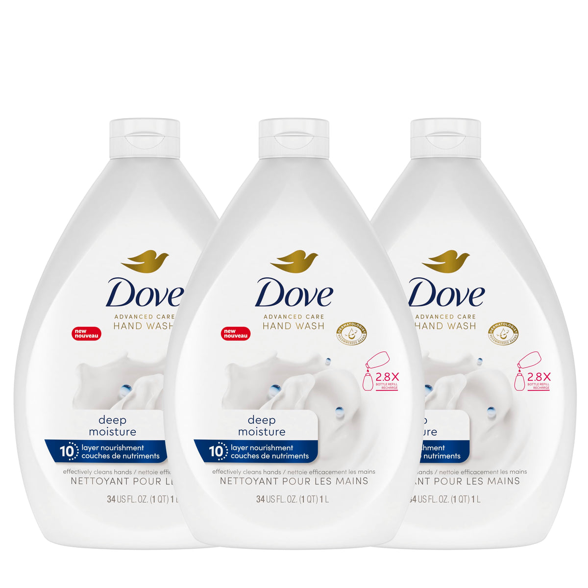 Dove Deep Moisture front packaging showing three refill bottles for convenience