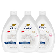 Dove Deep Moisture front packaging showing three refill bottles for convenience