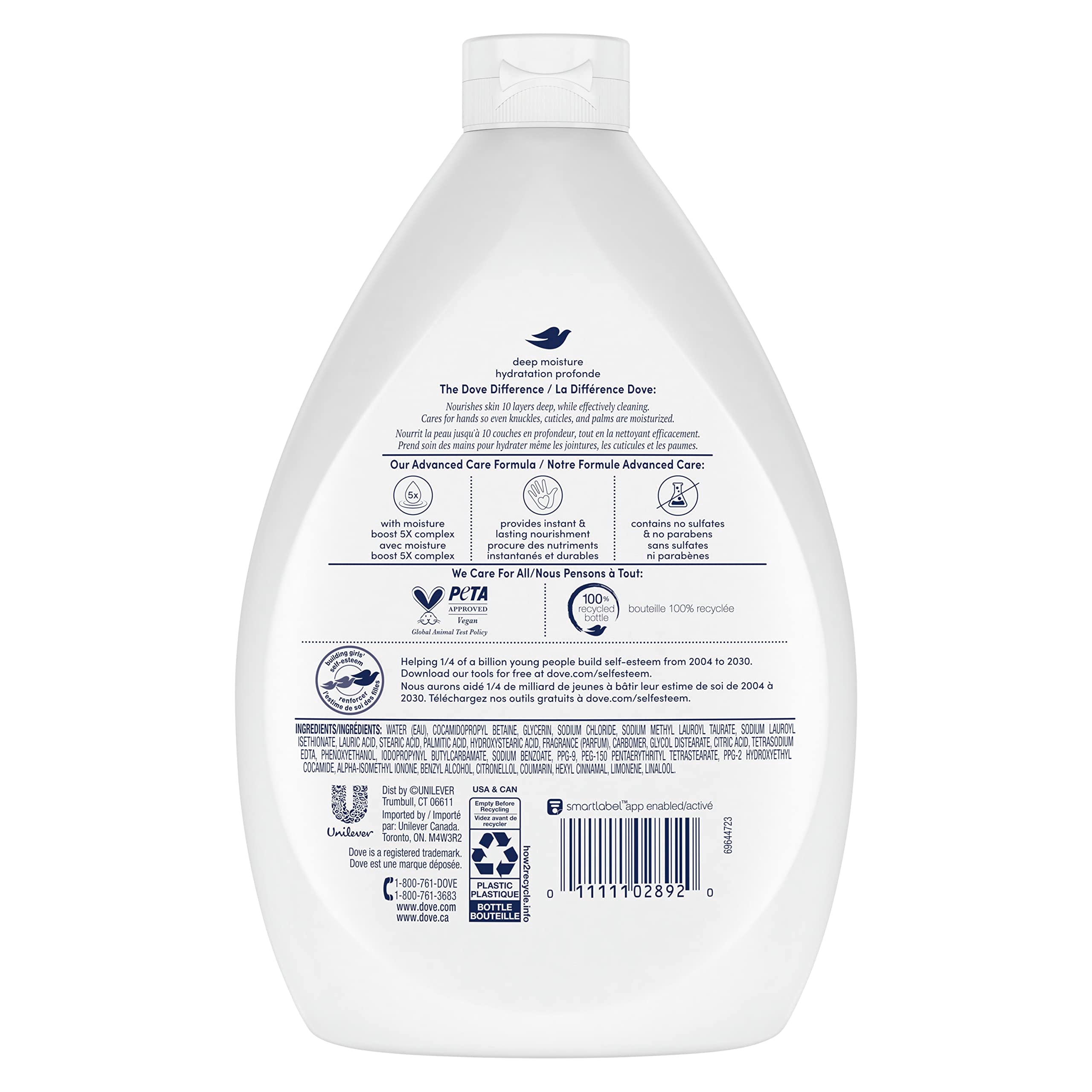 Dove Deep Moisture refill bottle label highlighting moisturizing benefits