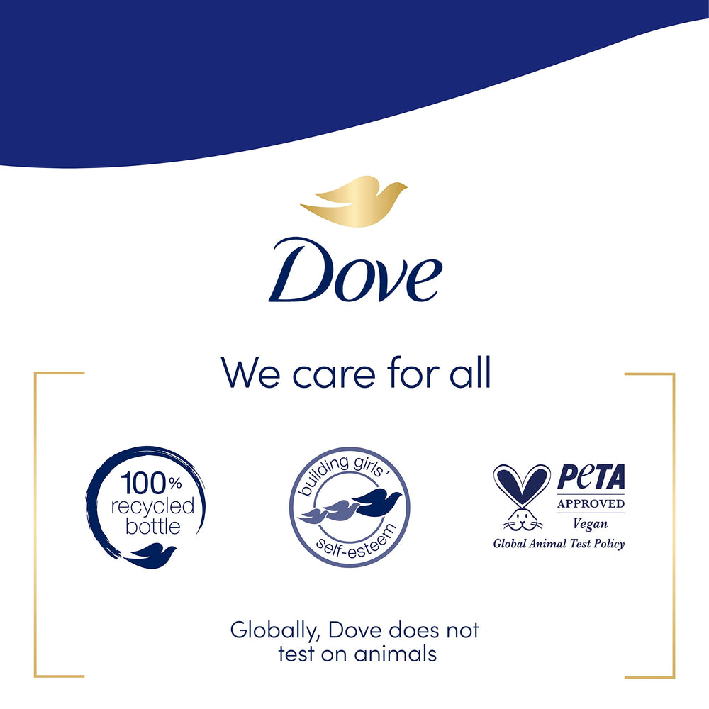 Hand next to Dove Deep Moisture bottle to show 34 oz size and scale