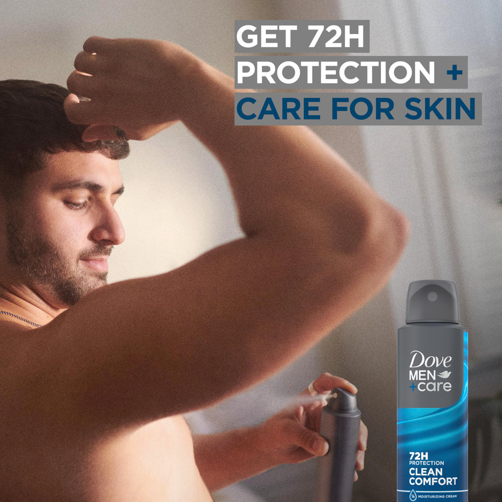 Dove Men+Care can in hand for scale showing portable 3.8 oz size