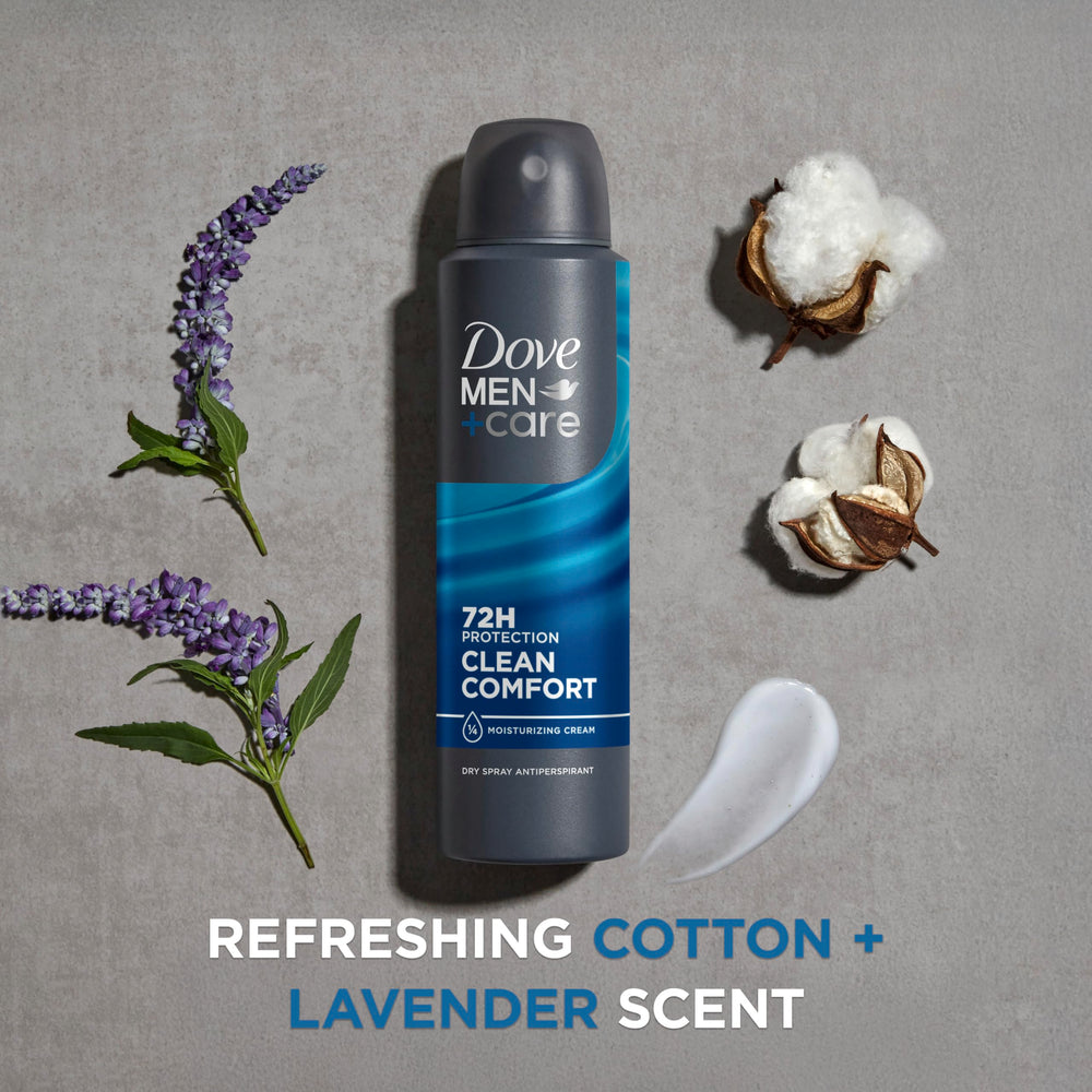 Dove Men+Care spray in use demonstrating easy application and dryness