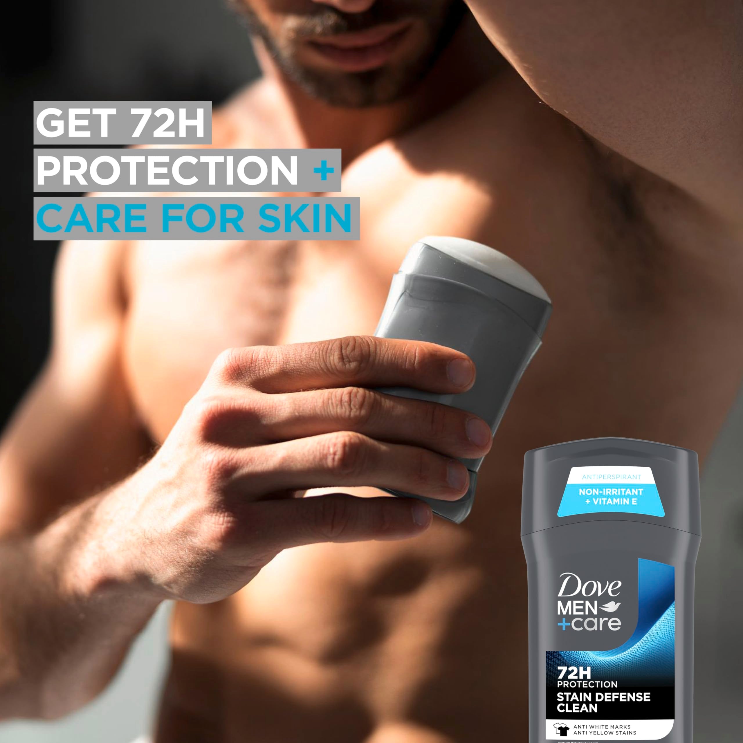 Dove Men+Care stick on bathroom shelf highlighting recyclable packaging