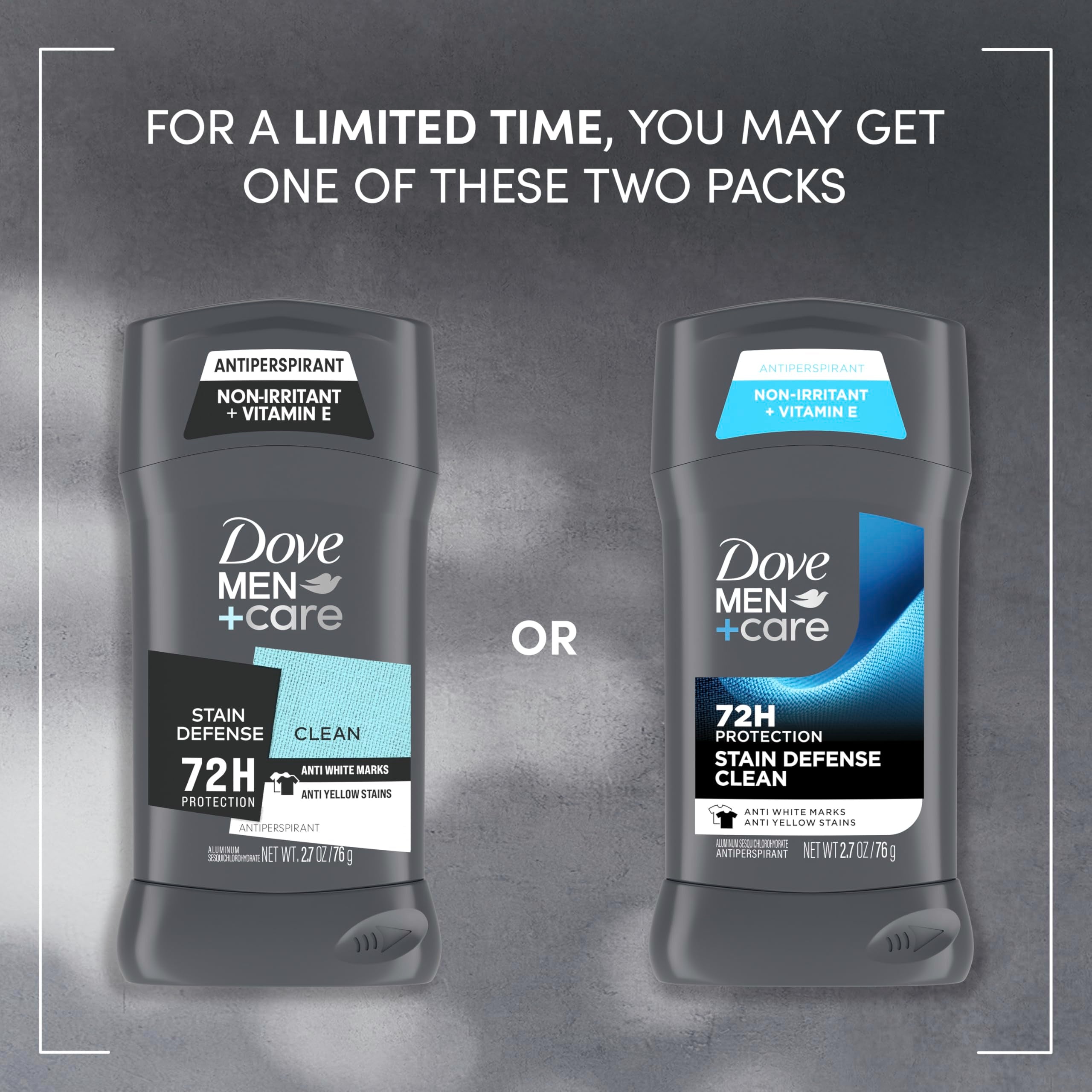 Dove Men+Care label close-up displaying ingredients and stain defense benefit