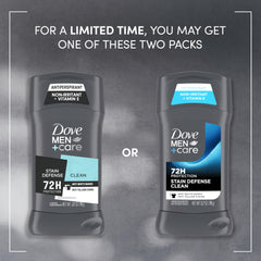 Dove Men+Care label close-up displaying ingredients and stain defense benefit