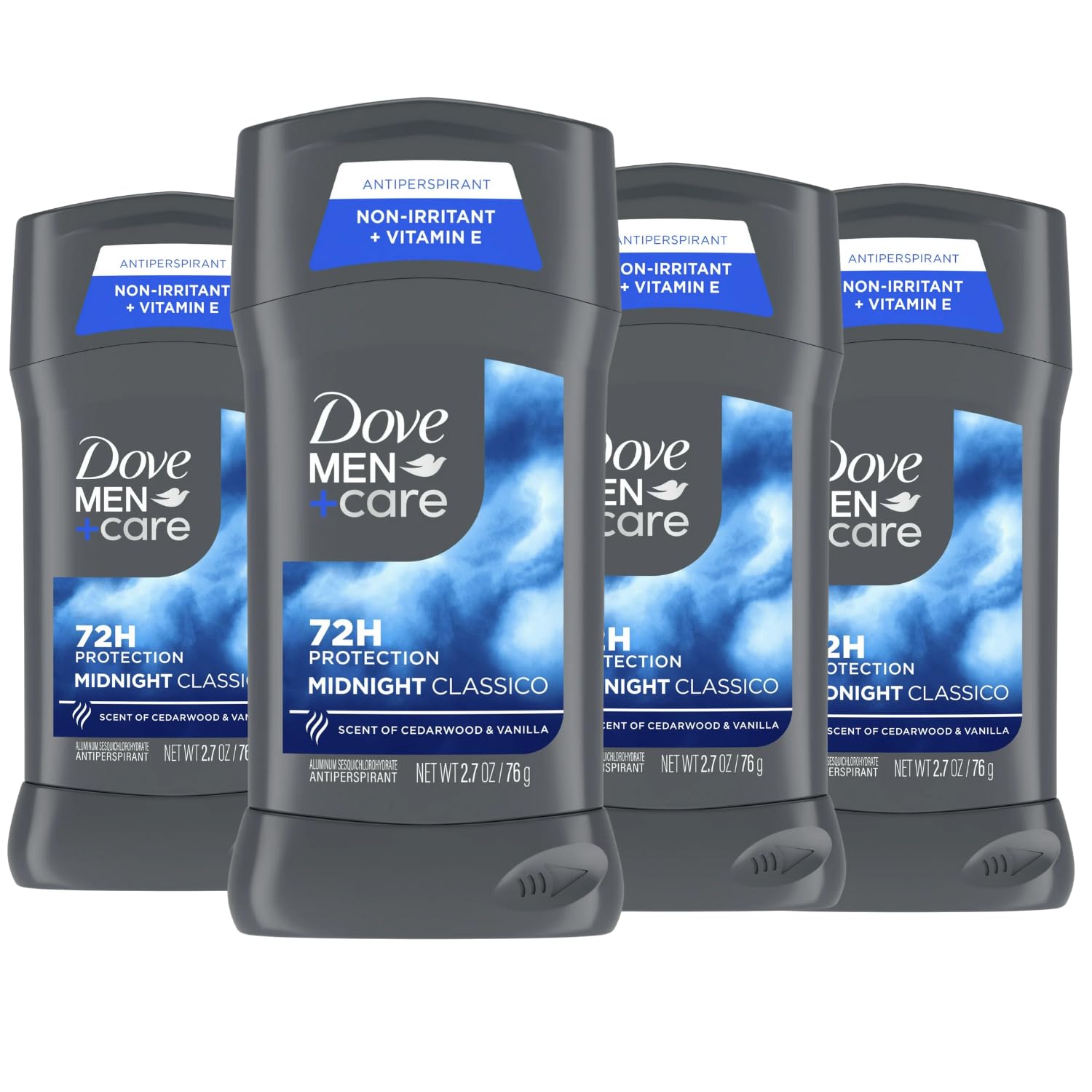 Dove Men+Care front packaging showing four Midnight Classico sticks for lasting protection
