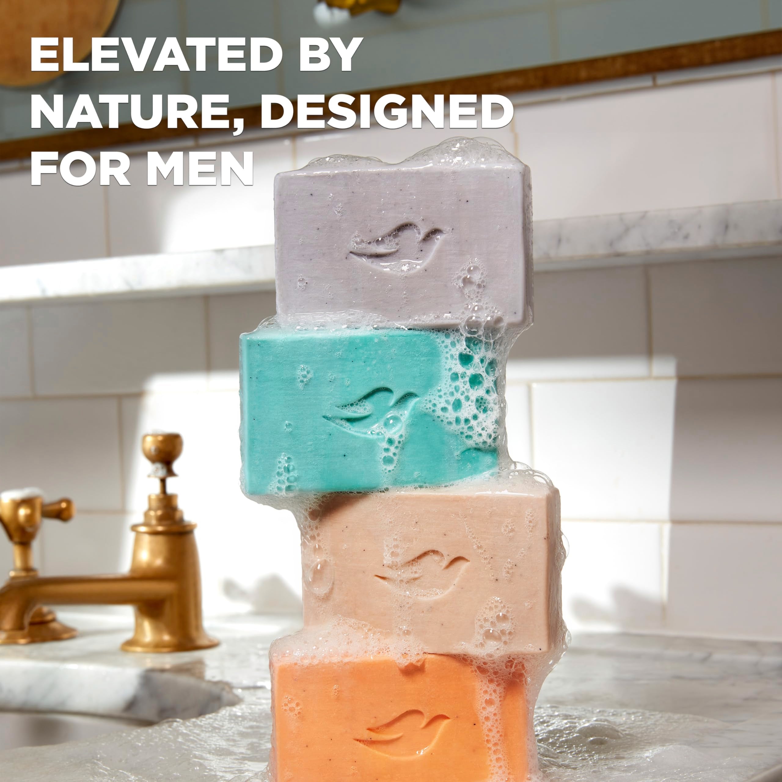 Dove Men+Care bar placed on shower shelf conveying calming scent experience
