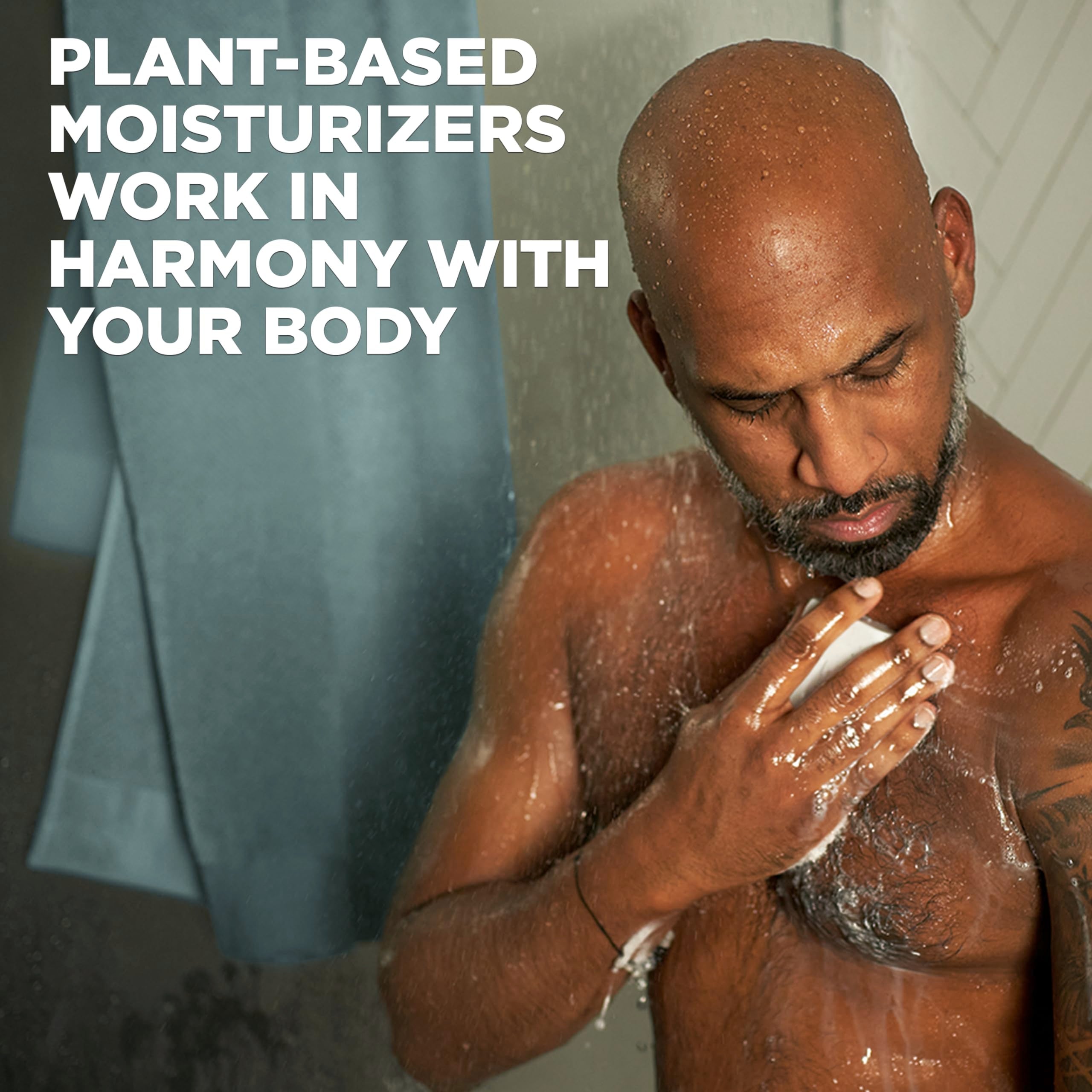 Dove Men+Care label close-up showing plant-based cleanser and natural oils