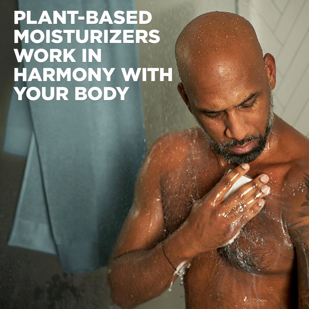 Dove Men+Care label close-up showing plant-based cleanser and natural oils