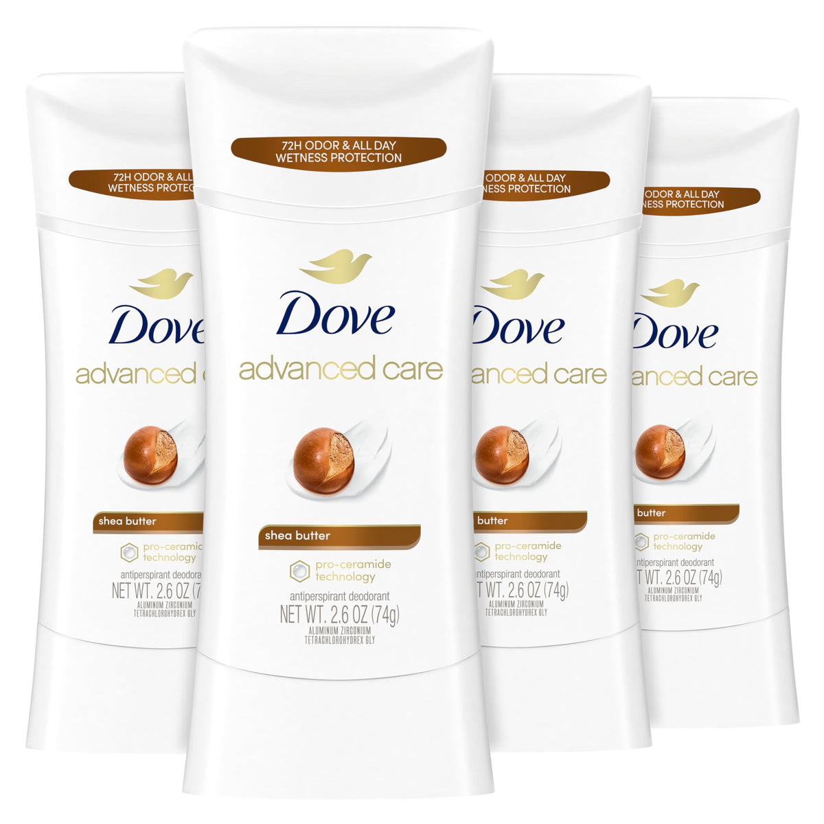 Dove shea butter antiperspirant front packaging showing product and scent benefits