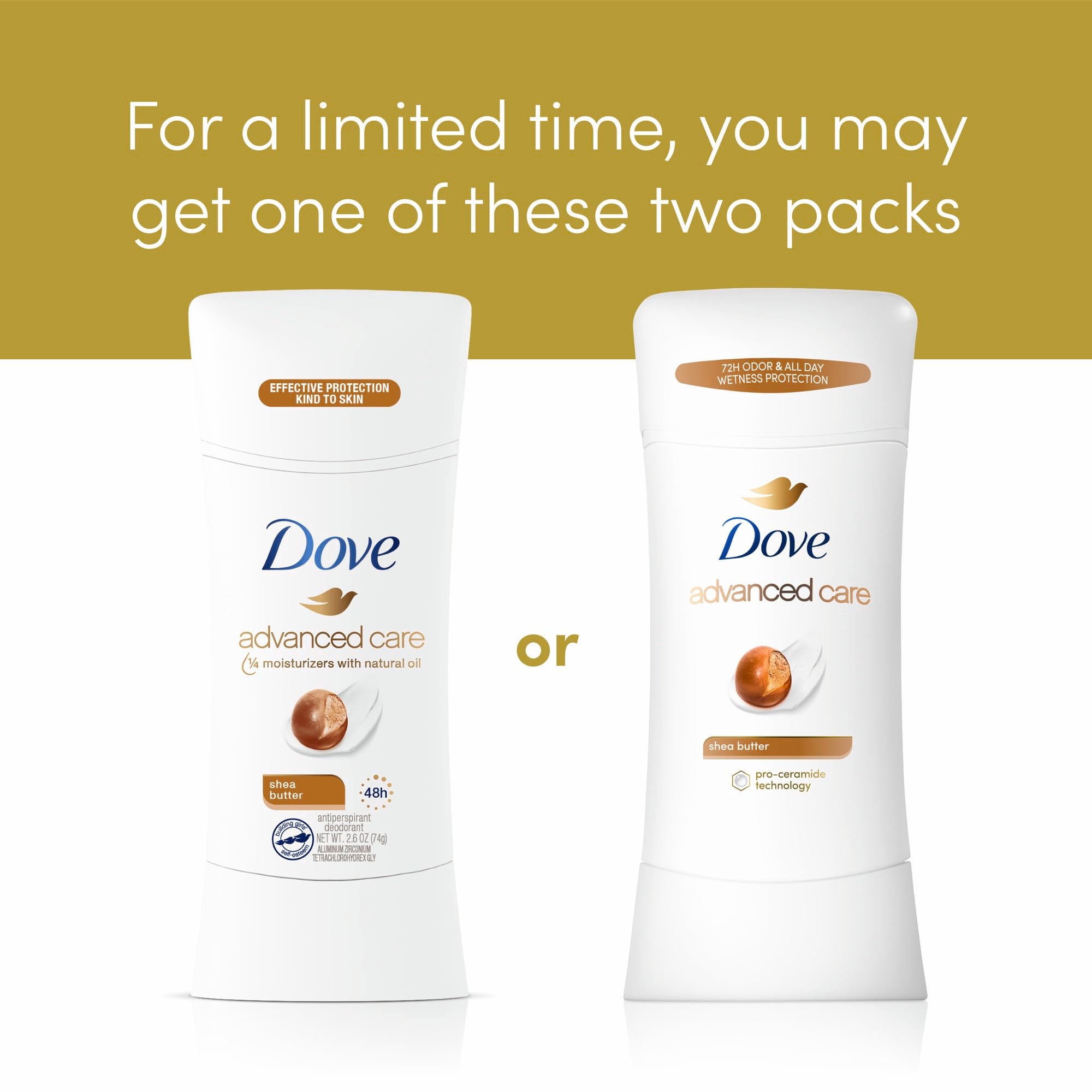 Dove shea butter stick held in hand to show compact 2.6 oz travel-friendly size