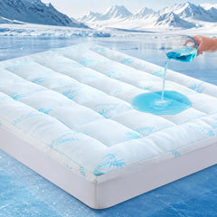 DOWNCOOL queen topper front view showing cooling surface and neat finish, improves comfort