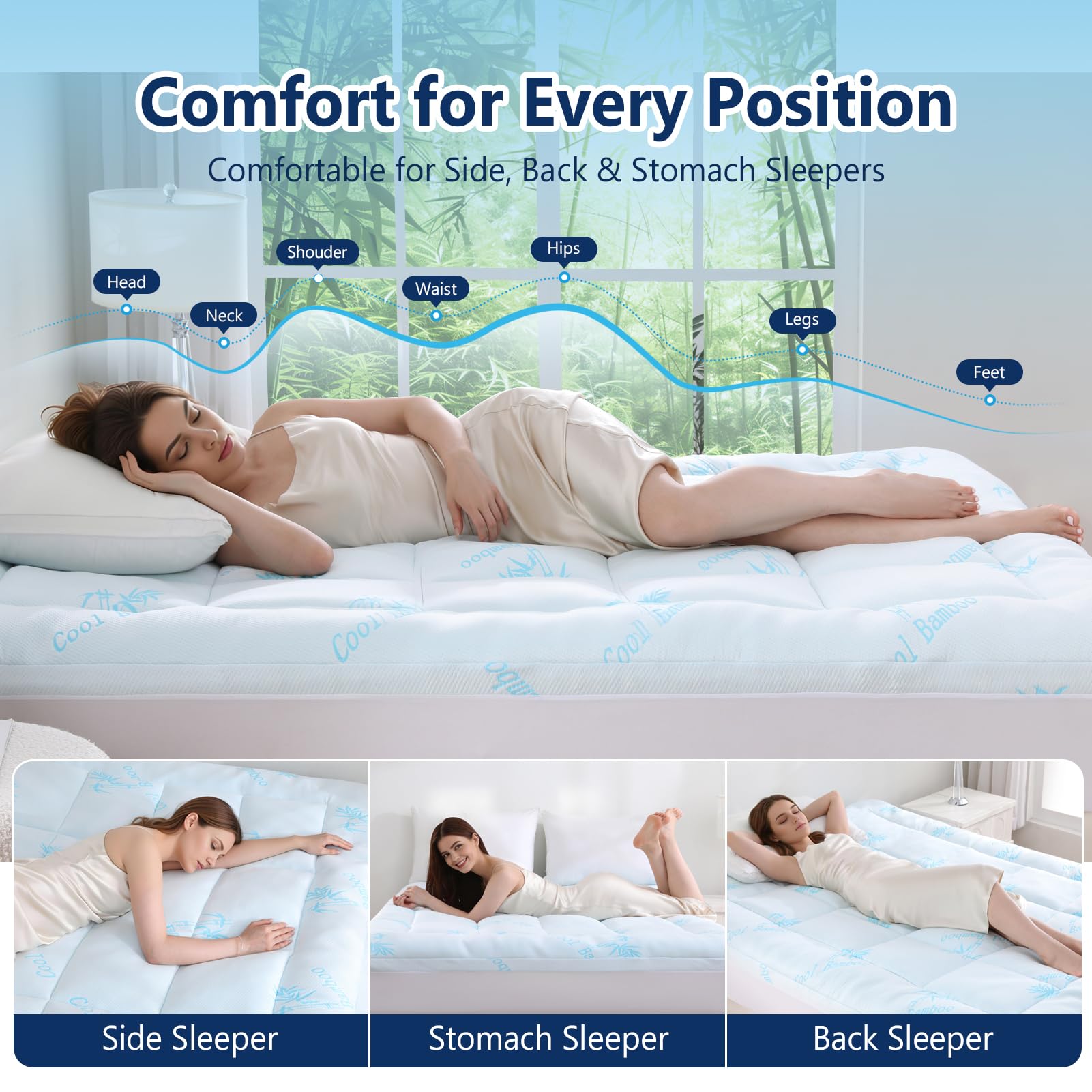 DOWNCOOL topper beside ruler to show queen size and slim-profile fit for mattress