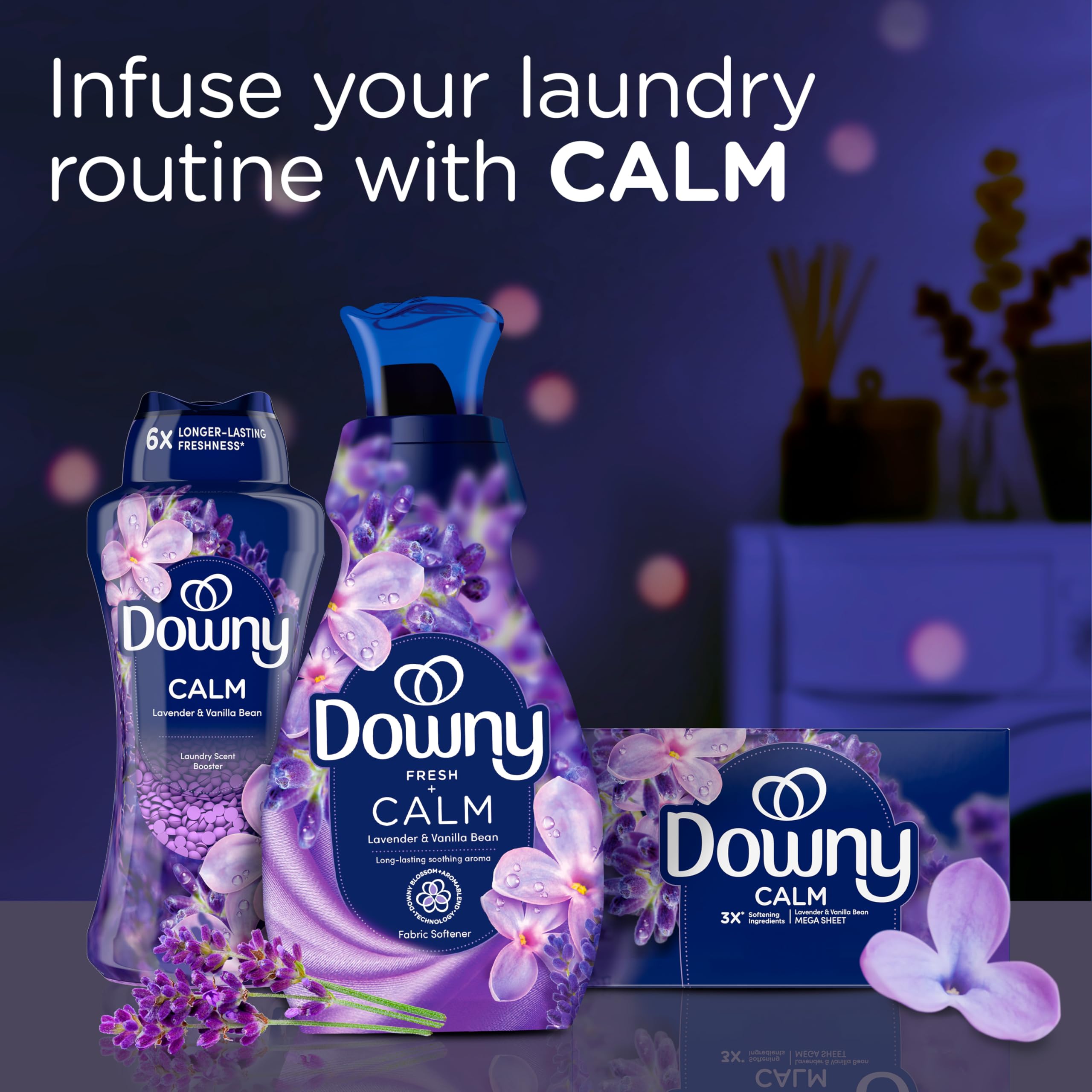 Lavender and vanilla beans styled with Downy bottle conveying calming fragrance