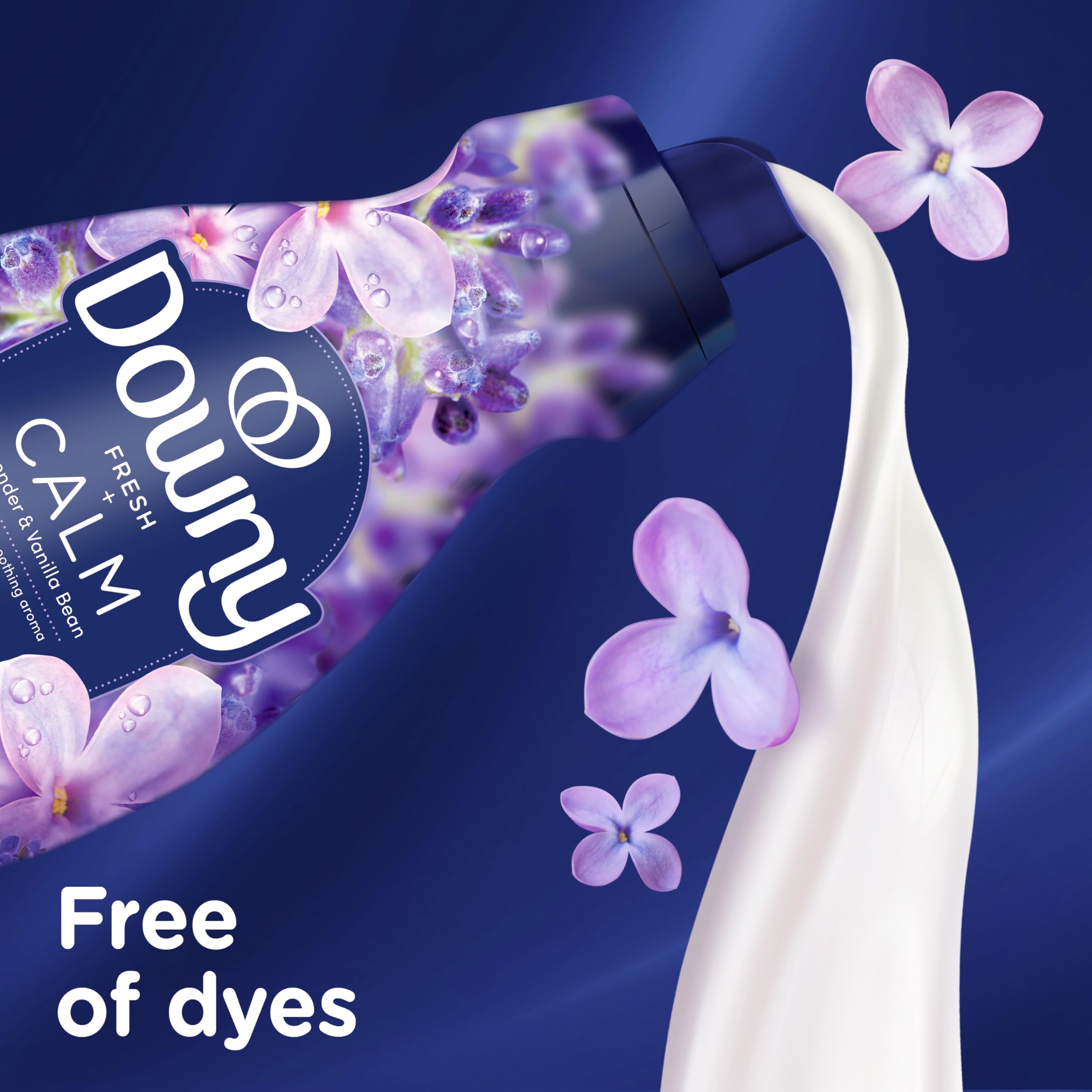 Downy bottle beside detergent showing compatibility and aroma layering benefit