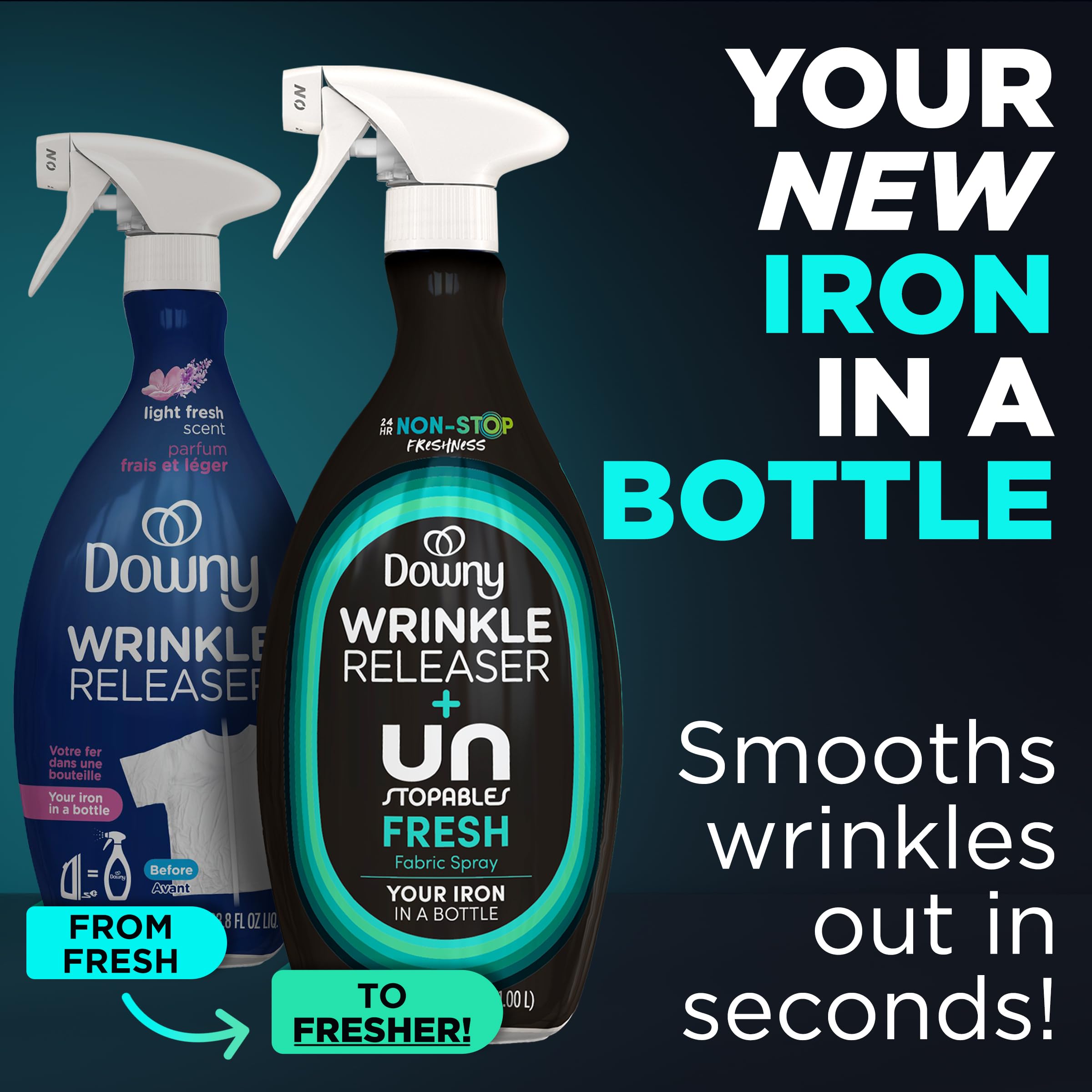 Downy travel size spray in hand for quick on-the-go freshening benefit