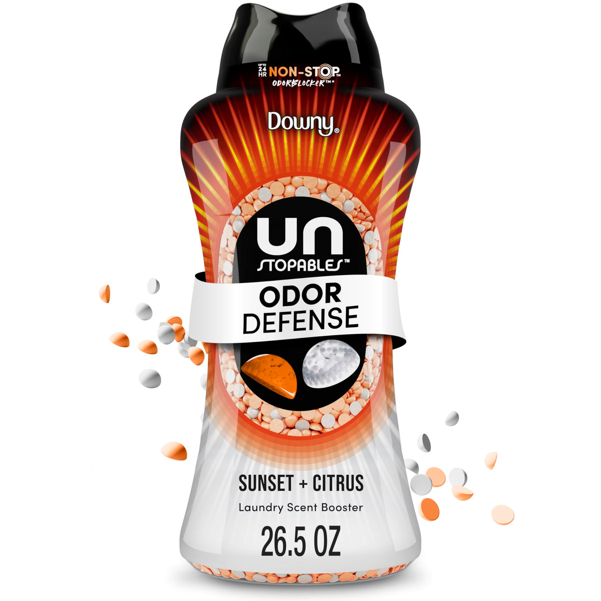 Downy Unstopables Fusions front packaging shows product and scent name, boosting scent longevity