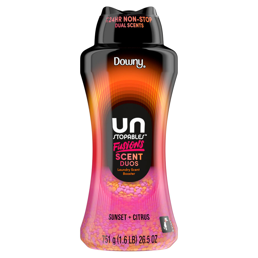 Bathroom shelf styled with Downy Unstopables Fusions jar showing lifestyle fragrance placement