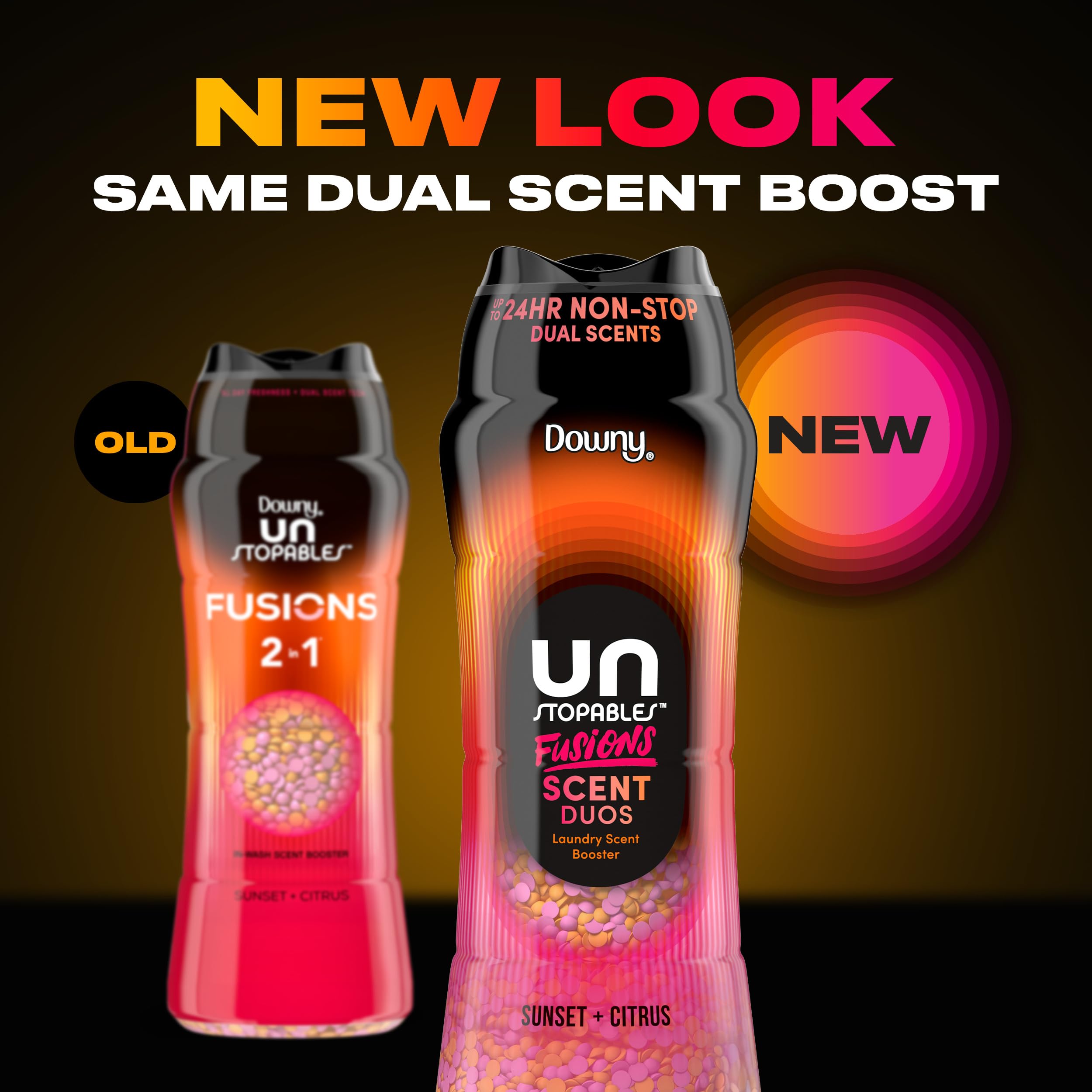 Downy Unstopables Fusions open jar revealing colorful beads ready to enhance laundry fragrance
