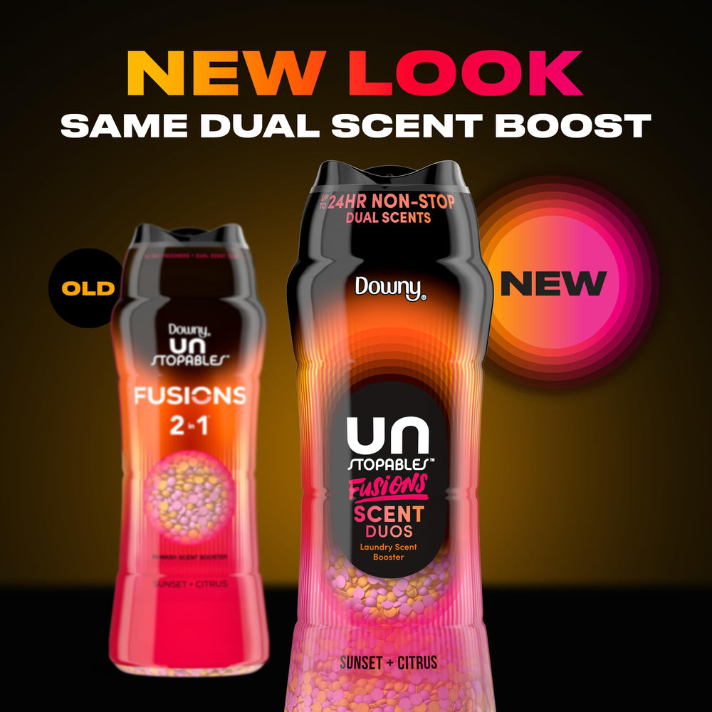Downy Unstopables Fusions open jar revealing colorful beads ready to enhance laundry fragrance