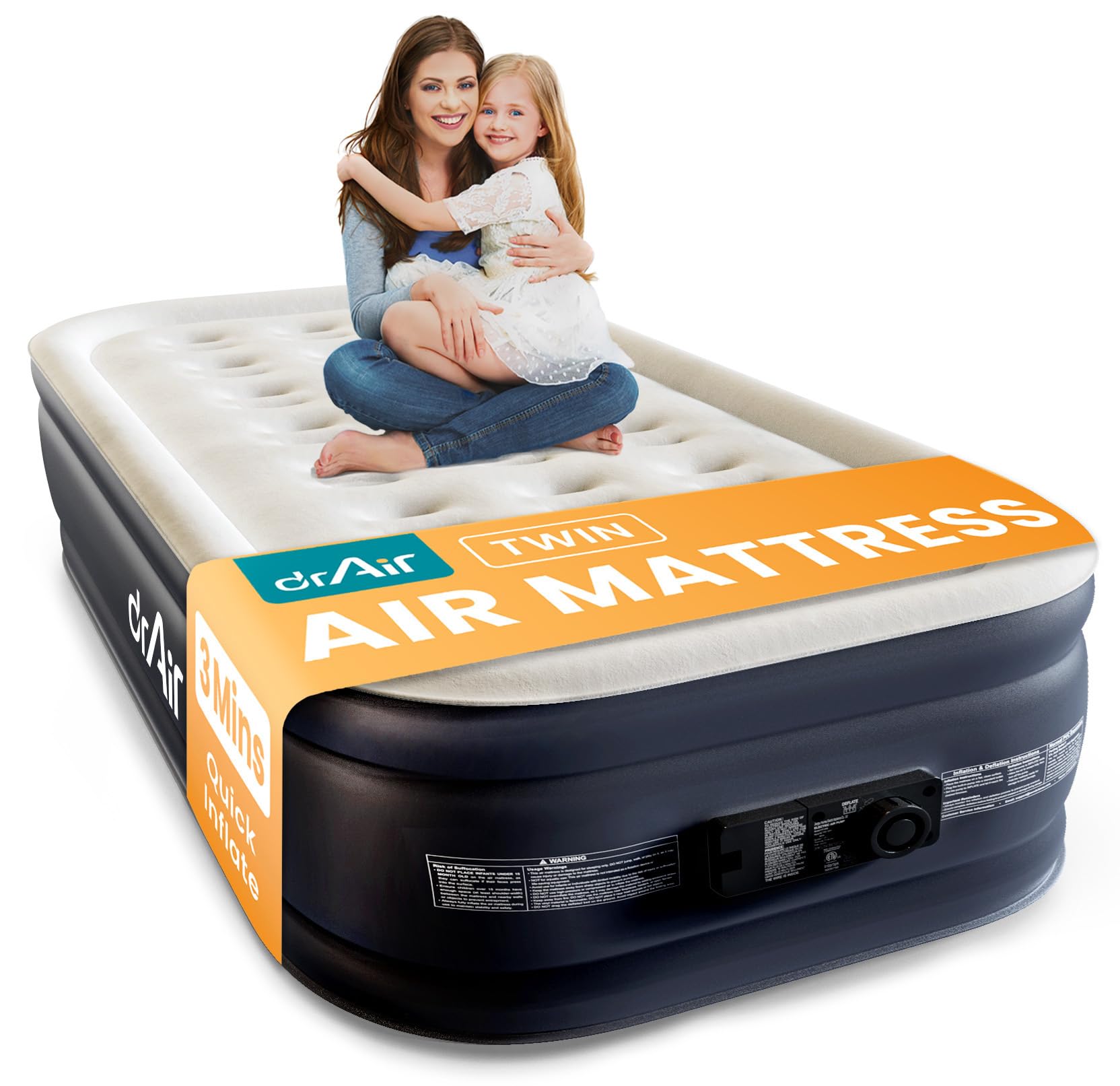 Dr. Air front packaging showing twin mattress and quick setup benefits