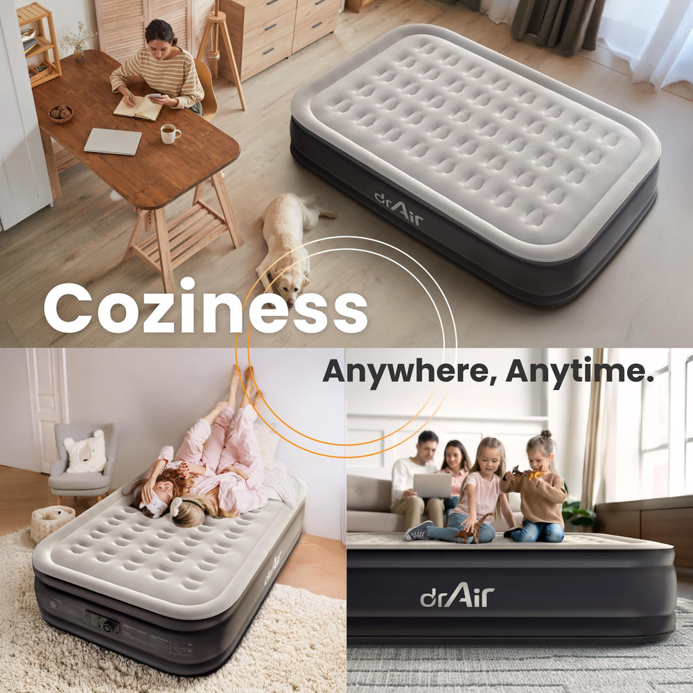 Dr. air air mattress set in a bedroom showing guest-ready comfort and style