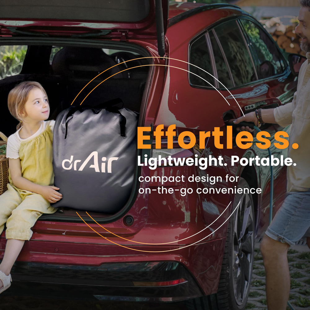 Dr. air mattress folded into travel bag showing compact portability and storage
