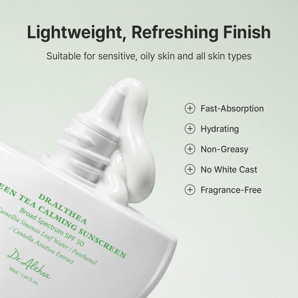 Dr.Althea tube beside green tea leaves highlighting calming extract