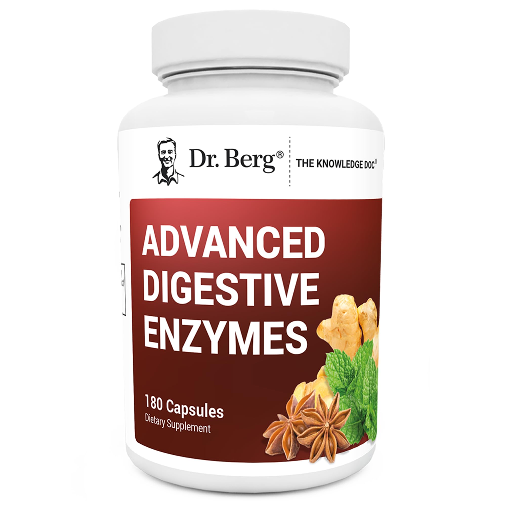 Dr. Berg bottle front view showing Advanced Digestive Enzymes benefits