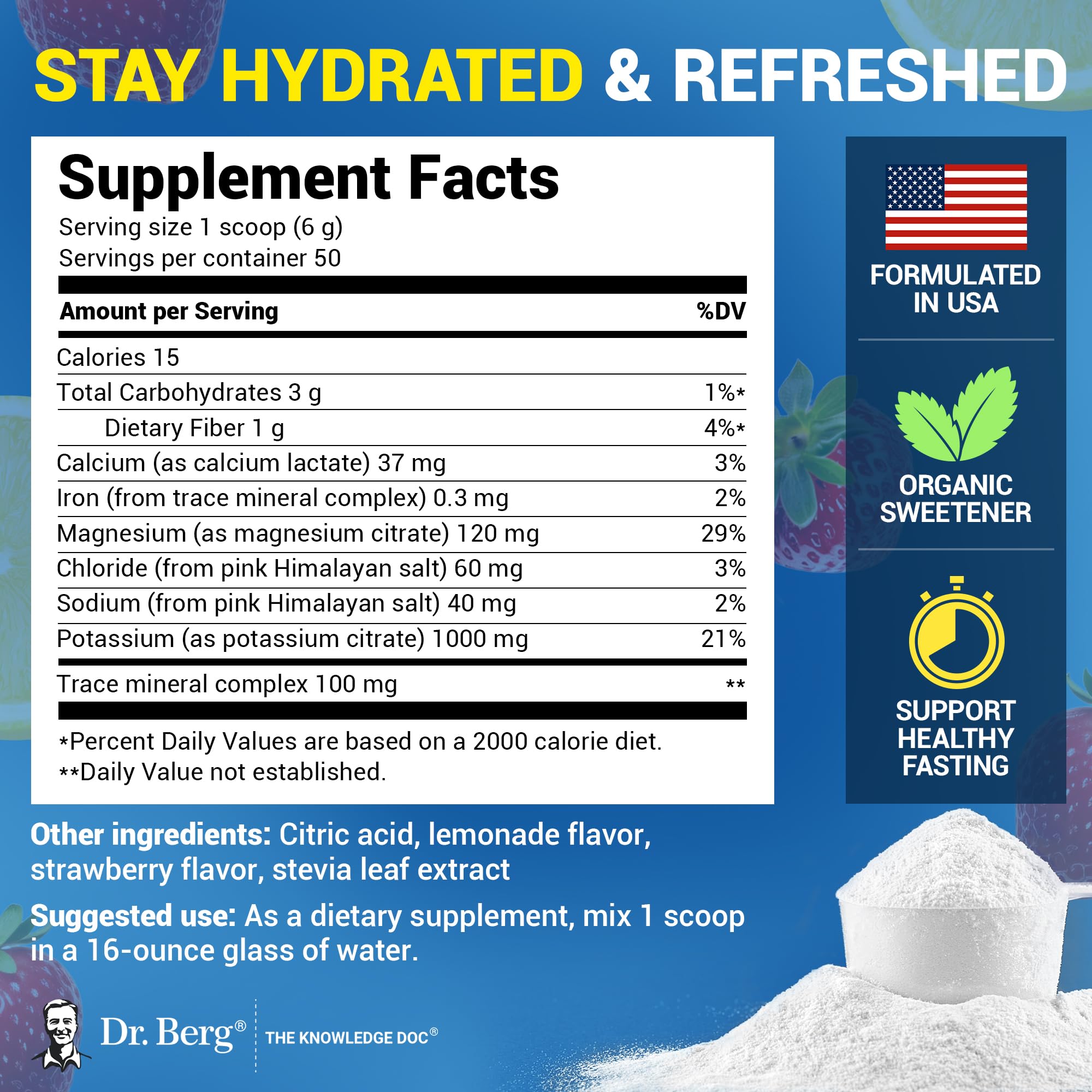 Dr. Berg open container revealing powder and 50-serving convenience