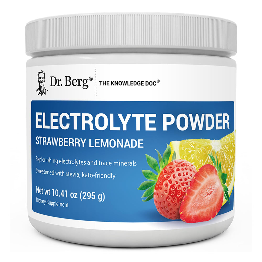 Dr. Berg front label showing Strawberry Lemonade and sugar-free benefit