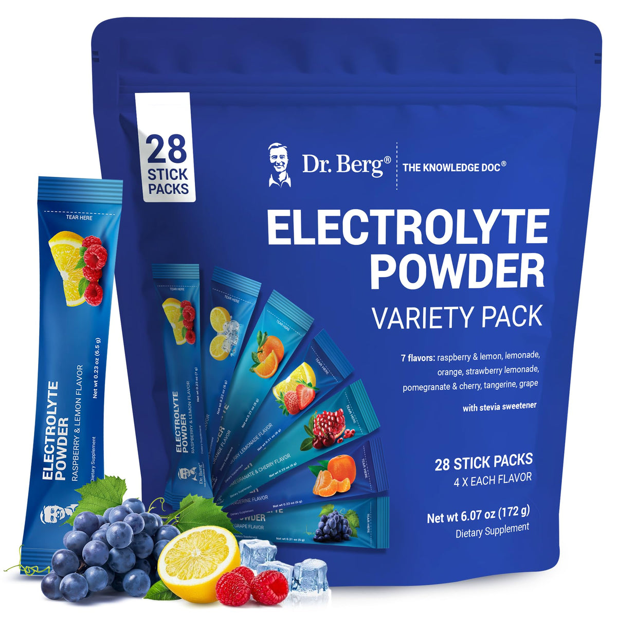 Dr. Berg variety pack front packaging showing 28 hydration packets and benefits