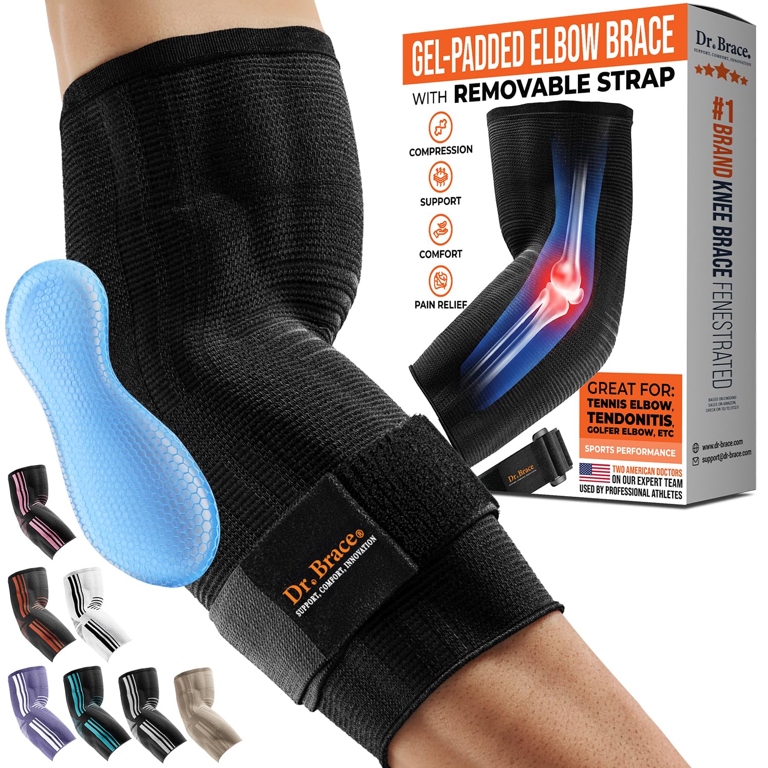 DR. BRACE front view of sleeve showing branding and breathable fit benefit