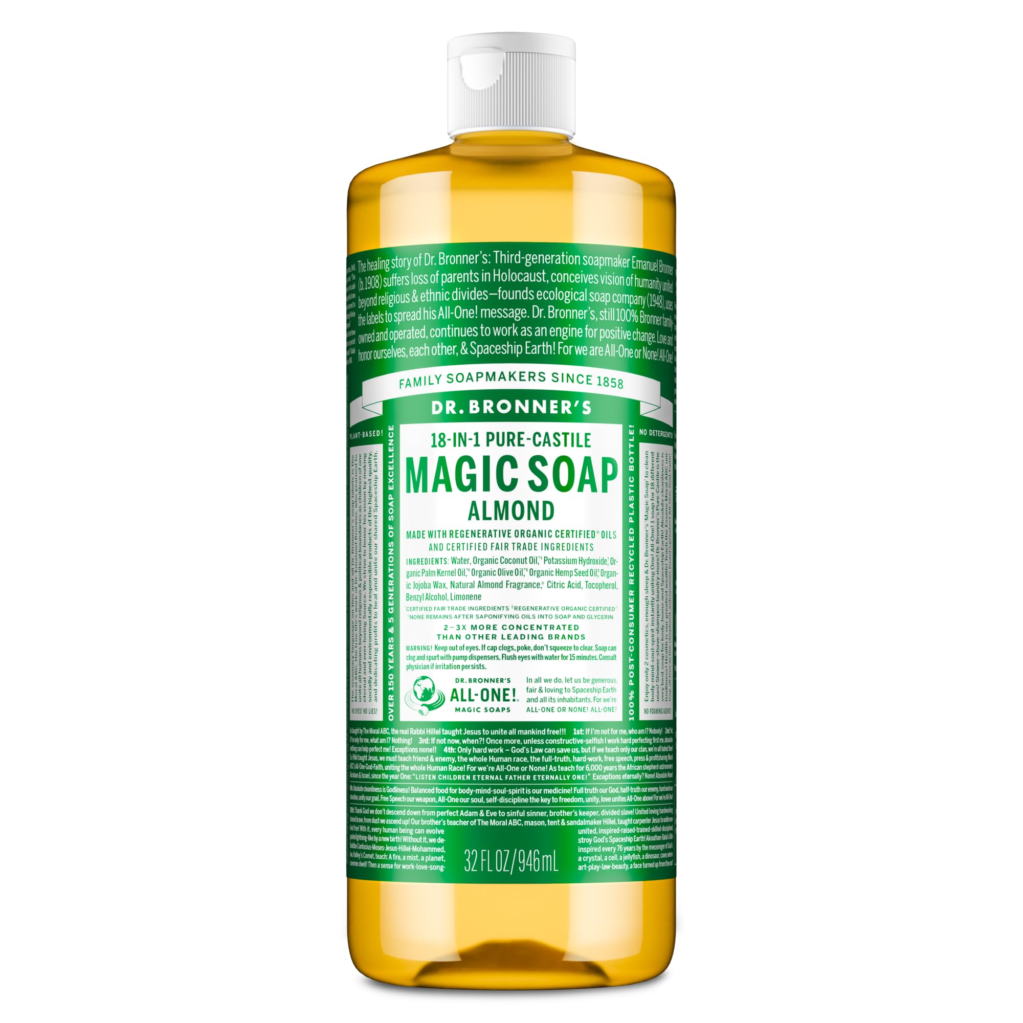 Dr. Bronner's almond front bottle showing clean packaging and size benefit
