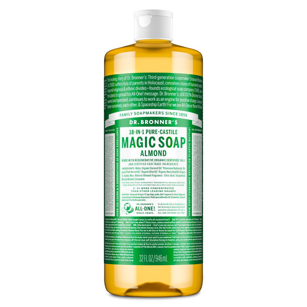 Dr. Bronner's almond front bottle showing clean packaging and size benefit