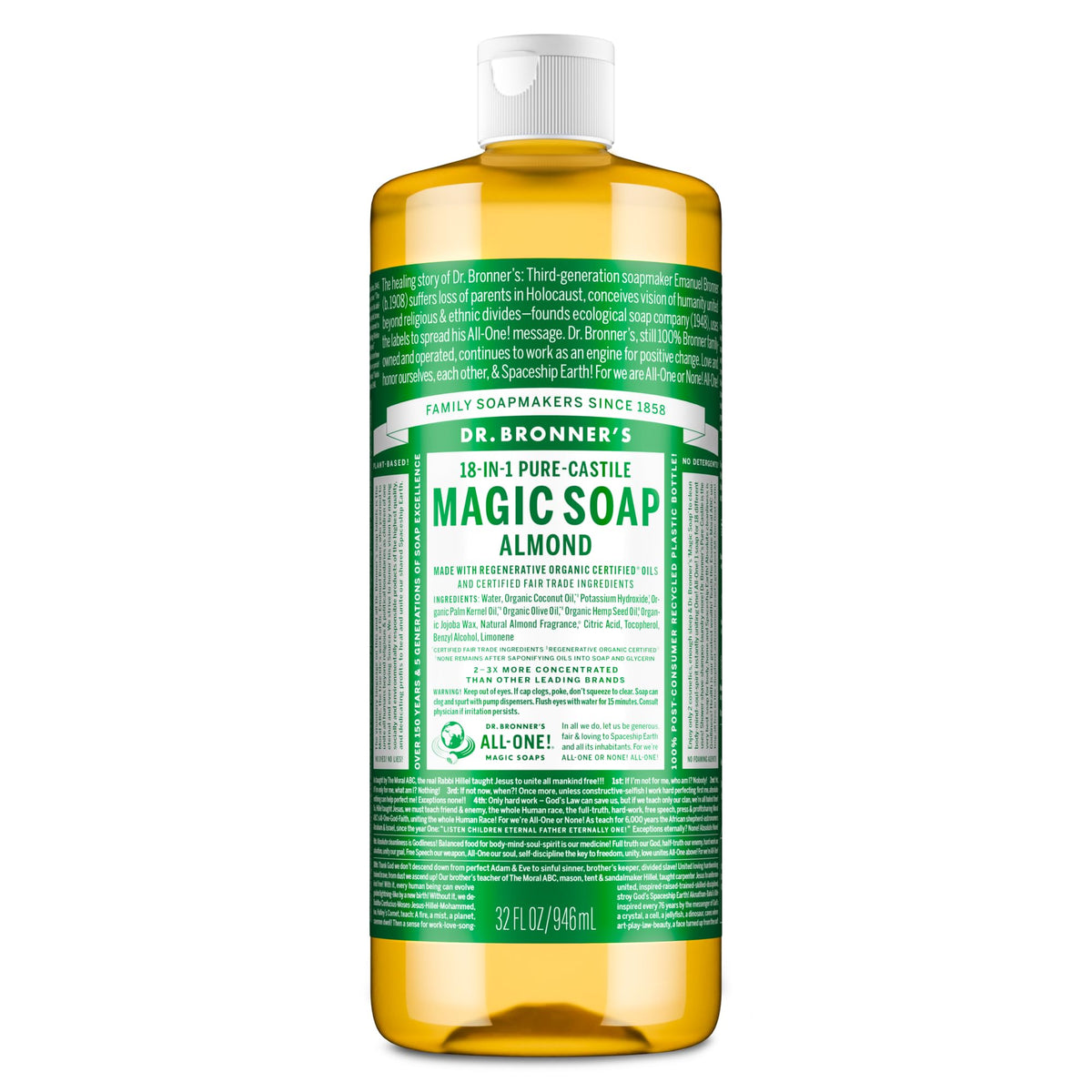 Dr. Bronner's almond front bottle showing clean packaging and size benefit