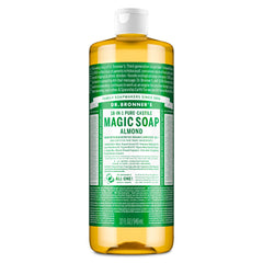 Dr. Bronner's almond front bottle showing clean packaging and size benefit