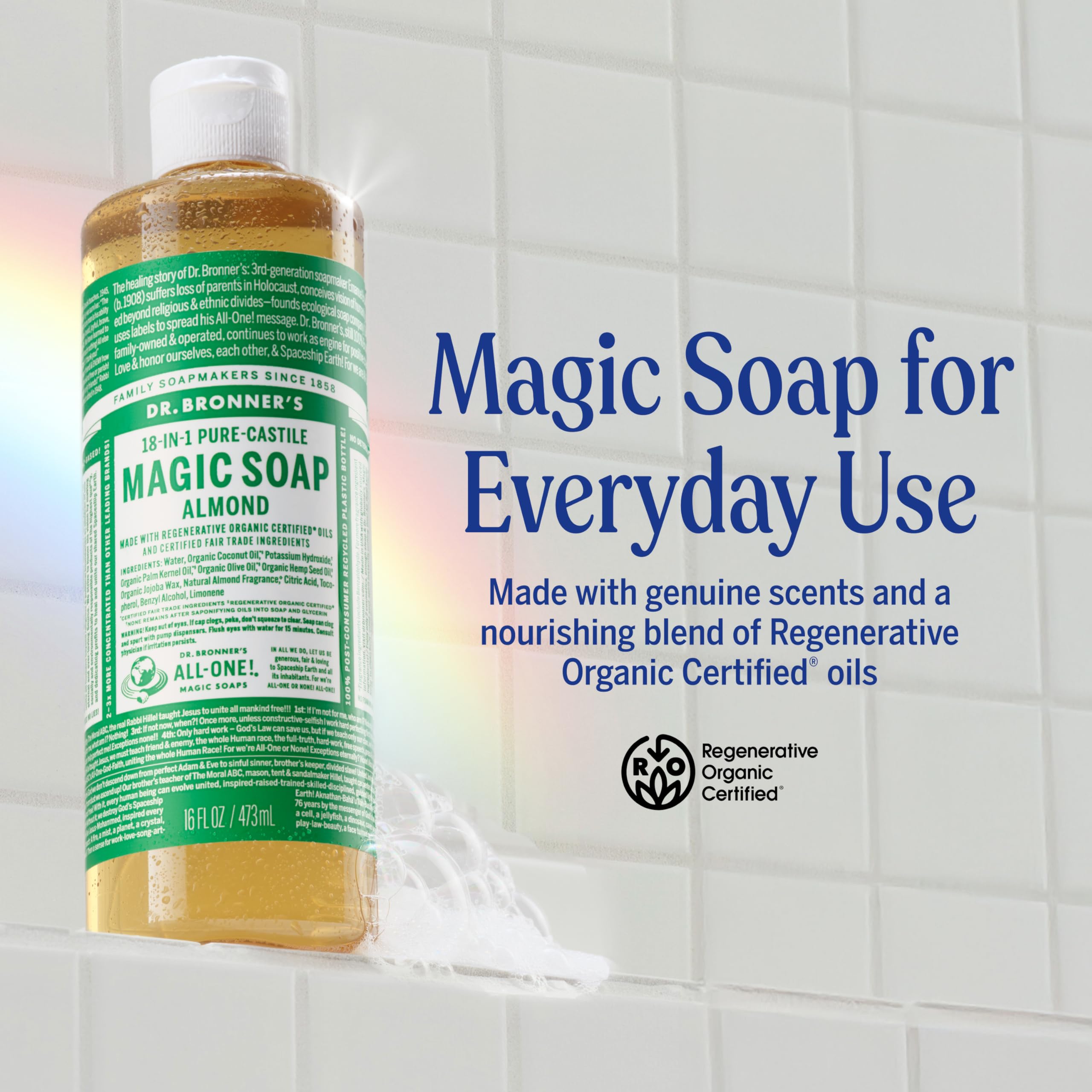 Dr. Bronner's almond pump close-up displaying easy dispensing and convenience
