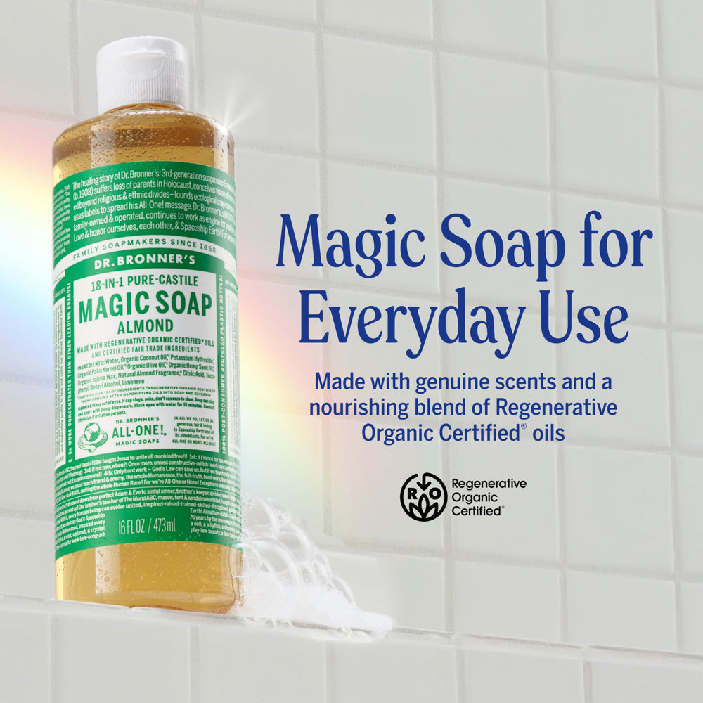 Dr. Bronner's almond pump close-up displaying easy dispensing and convenience