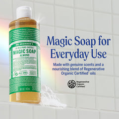 Dr. Bronner's almond pump close-up displaying easy dispensing and convenience