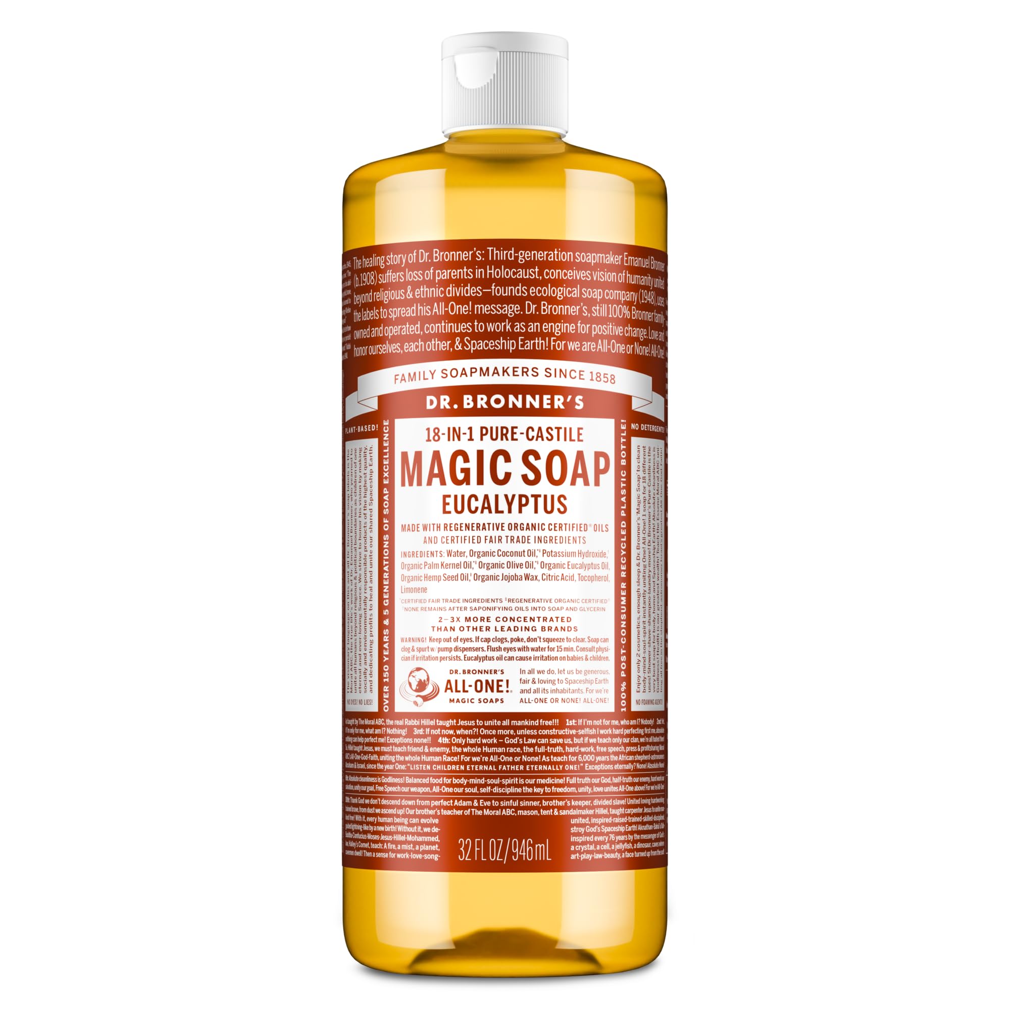 Dr. Bronner's eucalyptus front bottle showing label and size for clear identification and value